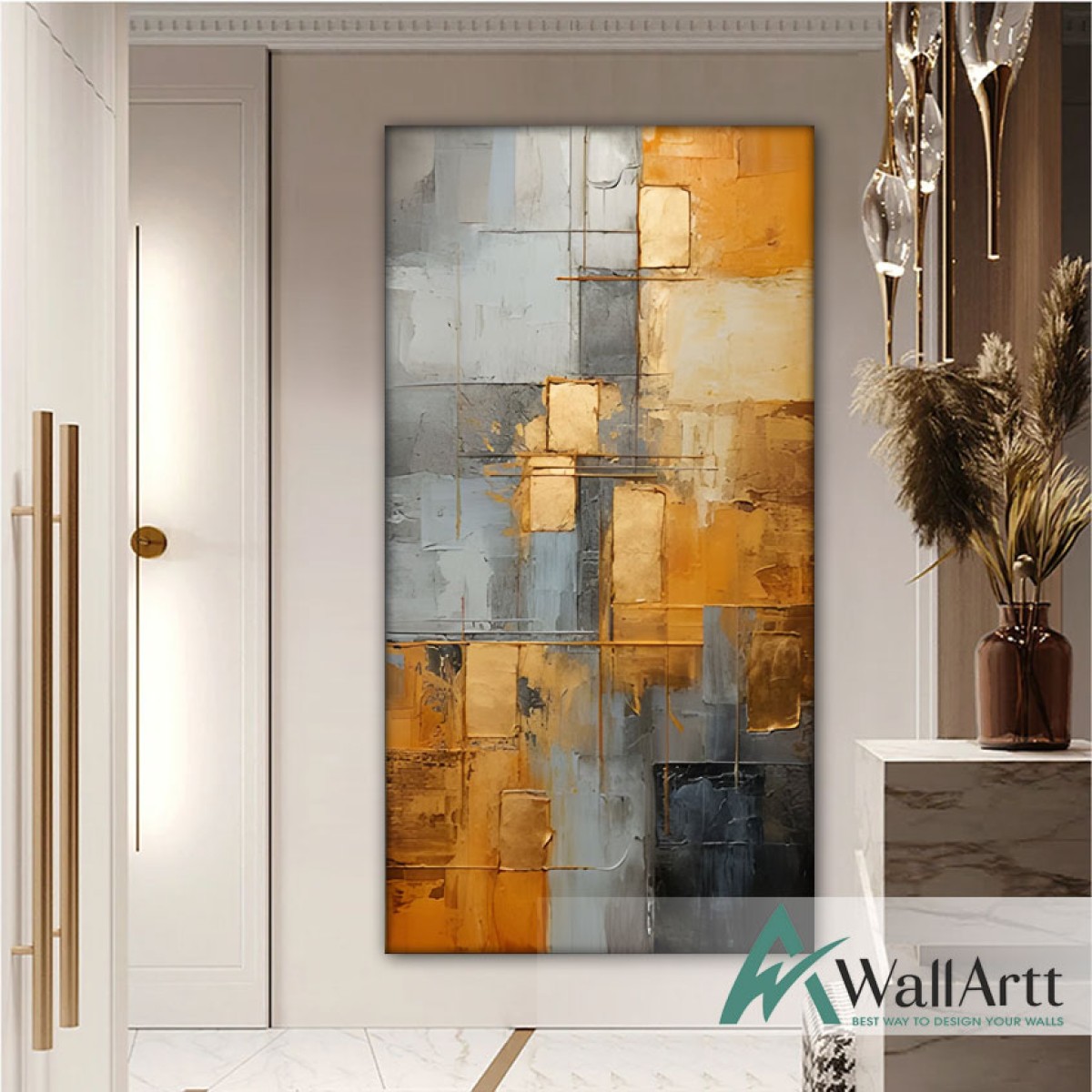 Gold Foil on Grey I Textured Partial Oil Painting - Wall Art